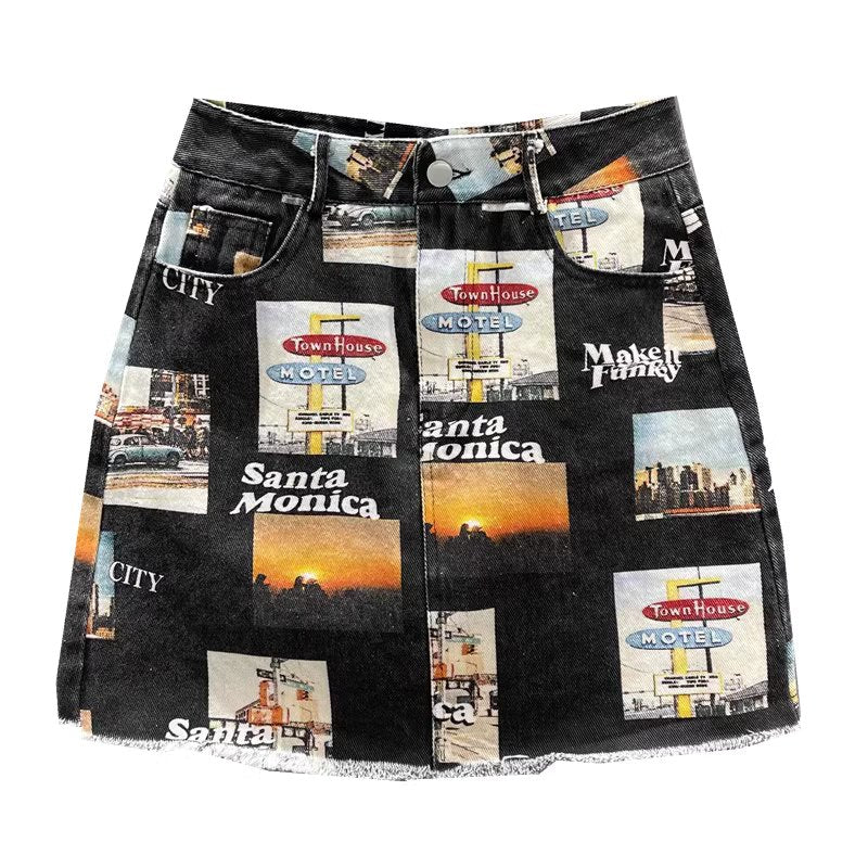 90s Collage Print Denim Mini Skirt