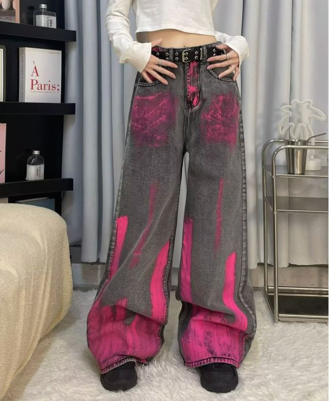 Bright Pink Emo Panting Gray Denim Women Jeans
