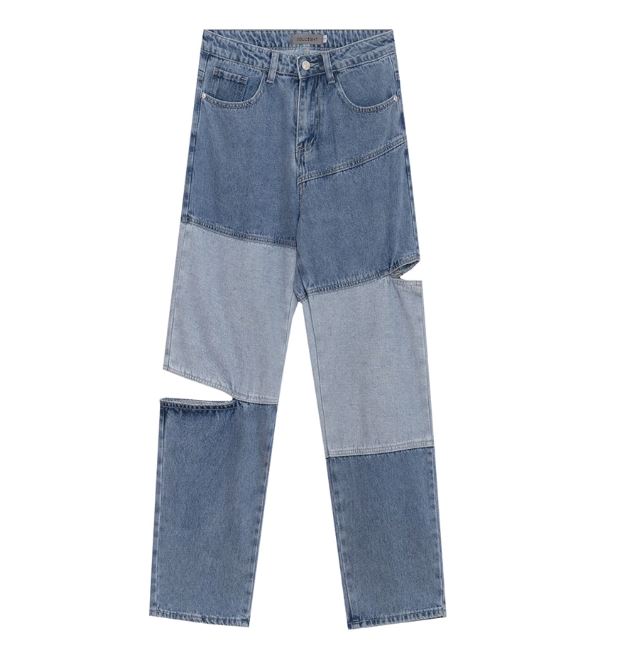 Denim Patchwork Grey Blue Street Style Baggy Jeans