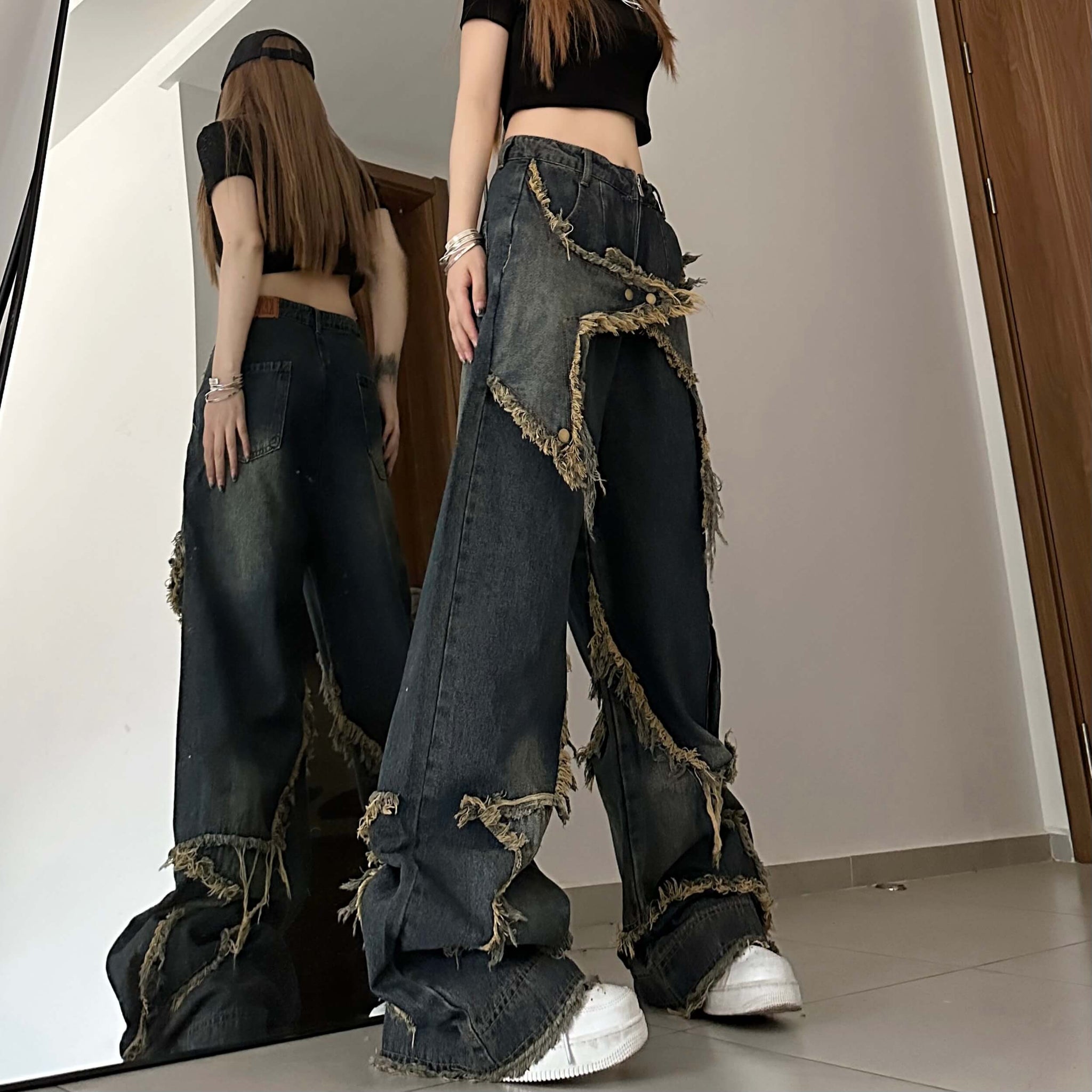 Fringe Stars Rust Flared Side Pocket Grunge Aesthetic Jeans