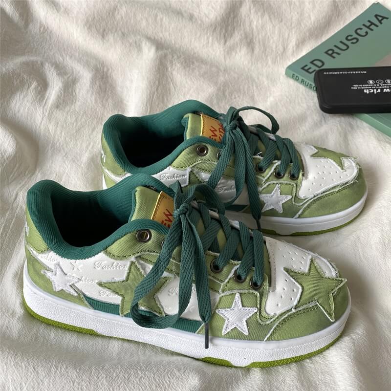 Green Stars Patchwork Fairycore Women Aesthetic Sneakers Shoes