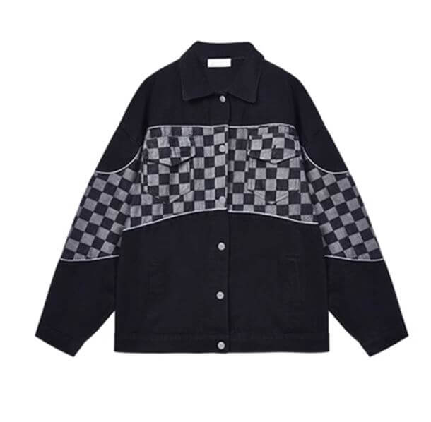 Grunge Checkerboard Fluffy Collar Denim Jacket