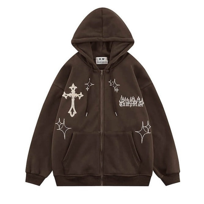 Holy Crosses Embroidery Aesthetic Grunge Hoodie Front Zipper