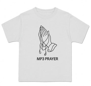 White t-shirt with 'MP3 Prayer' design featuring praying hands on a white background