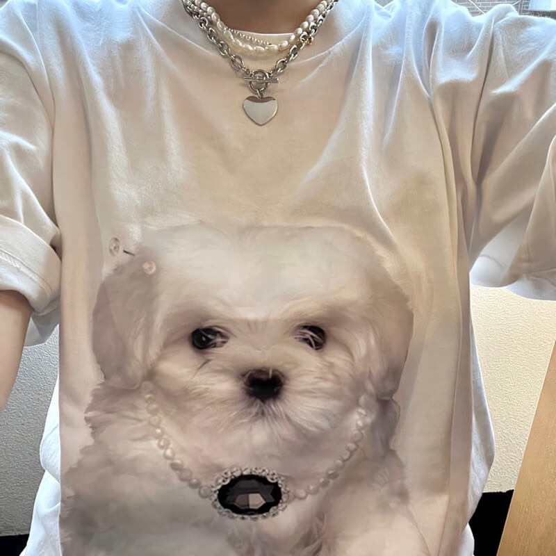 Maltese Puppy Cute Print Oversized Aesthetic White T-Shirt