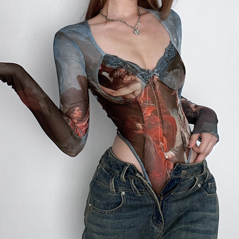 Renaissance Art Print Mesh Aesthetic Bodysuit