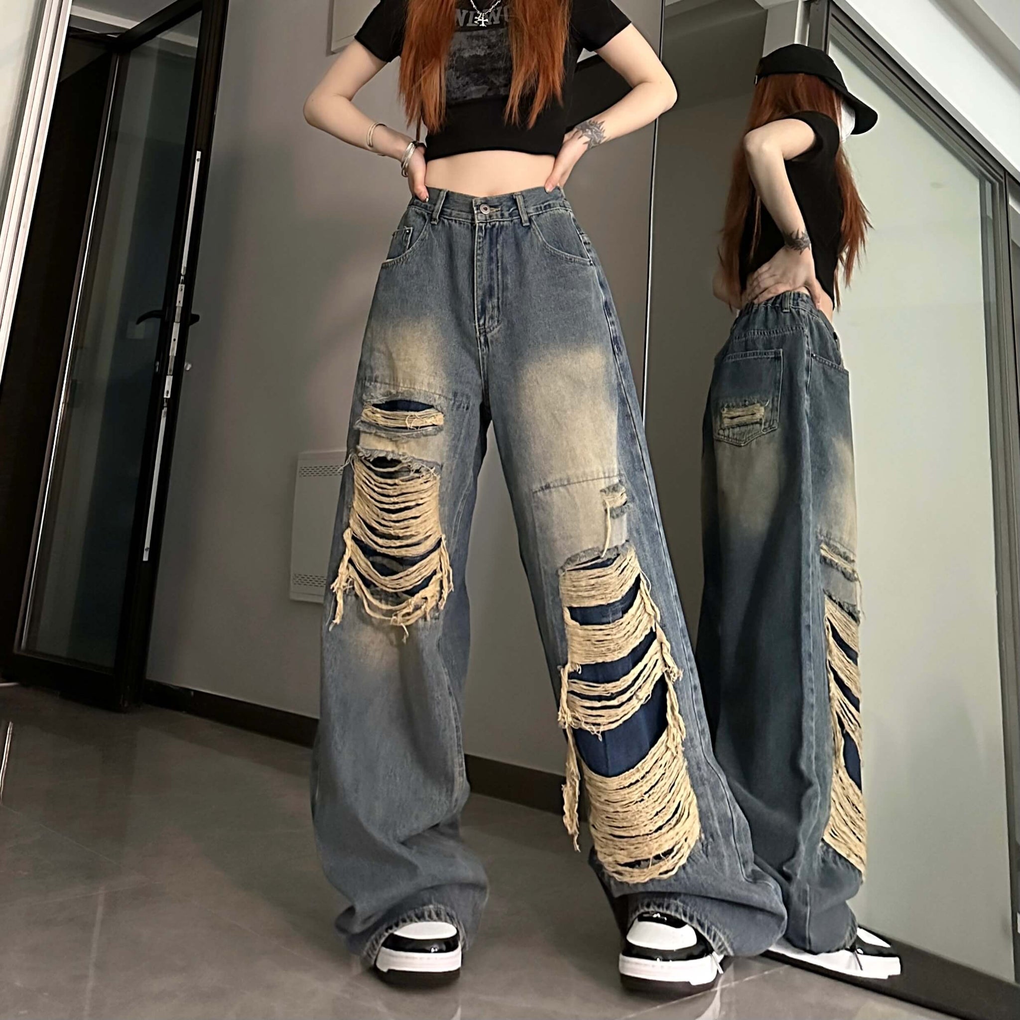 Rusty Bleached Aesthetic Grunge Ripped Baggy Flared Jeans
