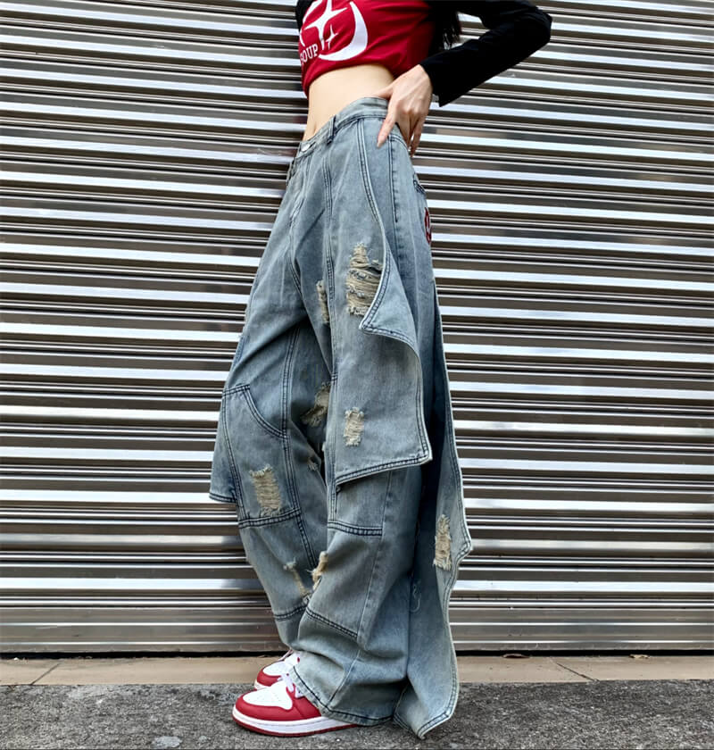 Side Asymmetric Flared Grunge Underground Baggy Ripped Jeans