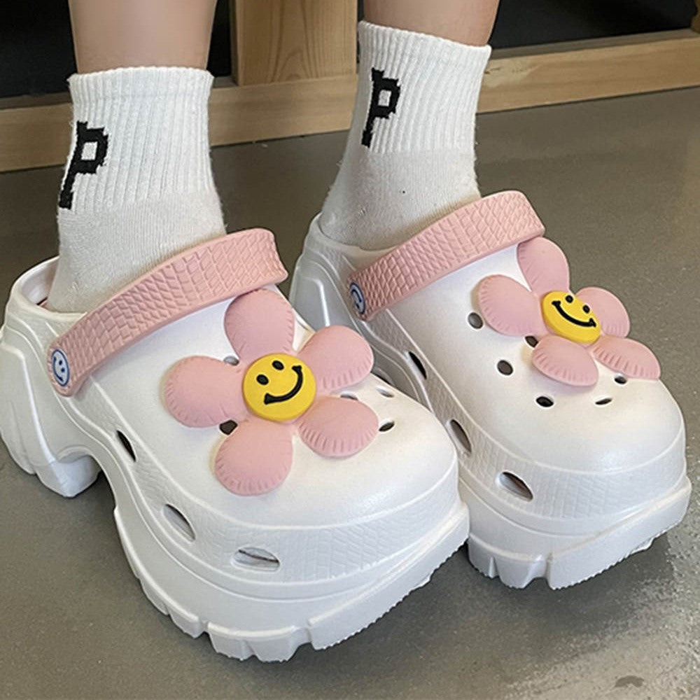 Smiley Face Flower Chunky High Platform Sandals Shoes