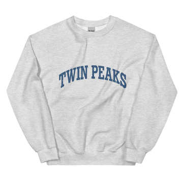 Gray sweatshirt with 'Twin Peaks' text in blue on a black background