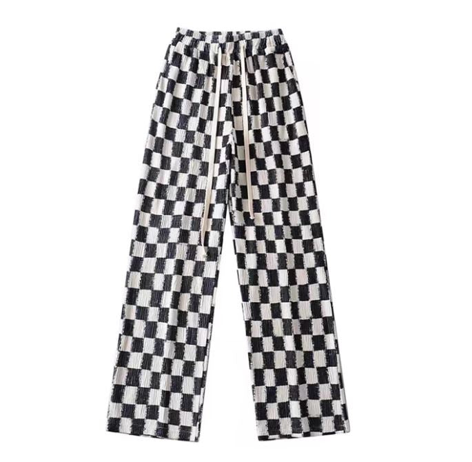 Checkered Skater Ribbed Loose Pants