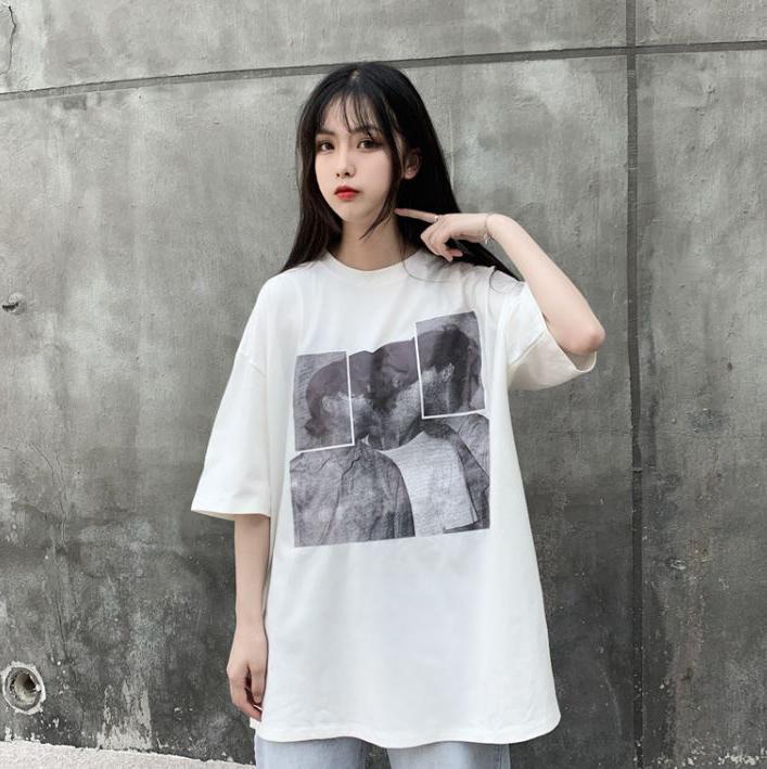 itGirl Shop ABSTRACT COUPLES PRINT WHITE BLACK OVERSIZED T-SHIRT