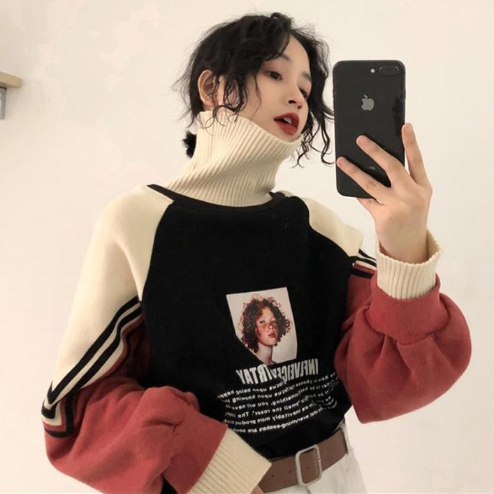 itGirl Shop AESTHETIC GIRL PRINT THICK HIGH COLLAR KNITTED SWEATER