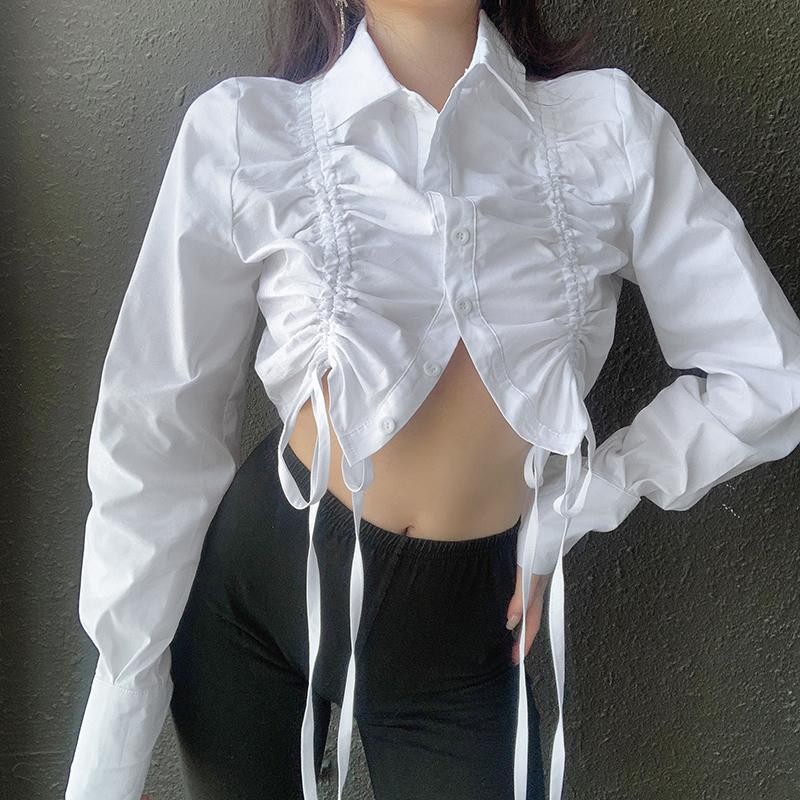 itGirl Shop AESTHETIC WHITE BLUE RUCHED LONG SLEEVE CROP SHIRT