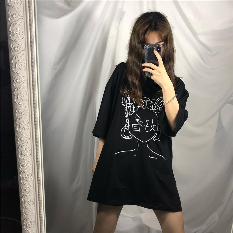 itGirl Shop ANIME LINE DRAWING JAPANESE CHARACTERS OVERSIZED WHITE T-SHIRT