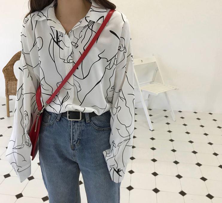 itGirl Shop ART ABSTRACT LINES LOOSE BLOUSE