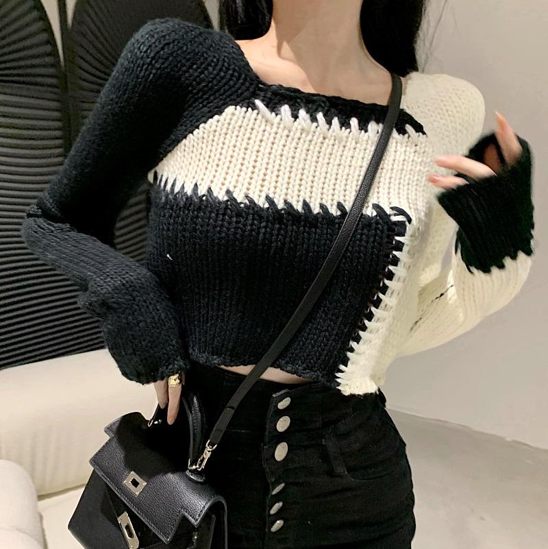 itGirl Shop ART HOE COLOR BLOCK CONTRAST STITCH KNIT CROPPED SWEATER