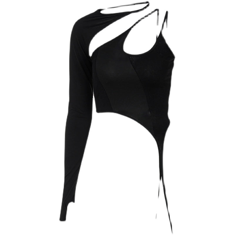 Aesthetic Clothing itGirl Shop Black Beige Edgy Irregular One Sleeve Slim Crop Top