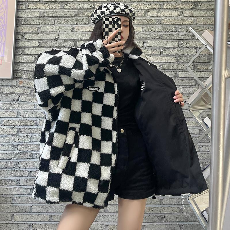 itGirl Shop BLACK CHECKERED PRINT FLUFFY TWO SIDED LOOSE JACKET