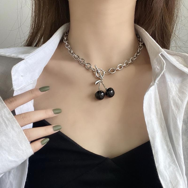 itGirl Shop BLACK CHERRY GRUNGE STYLE SILVER CHAIN NECKLACE