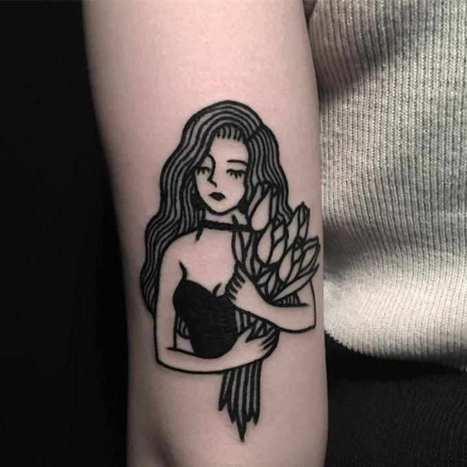itGirl Shop BLACK LINES SAD GIRL WITH FLOWERS TEMPORARY TATTOO