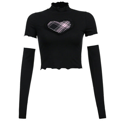 Aesthetic Clothing itGirl Shop Black Pink Heart Patch With Sleeves Cropped T-shirt