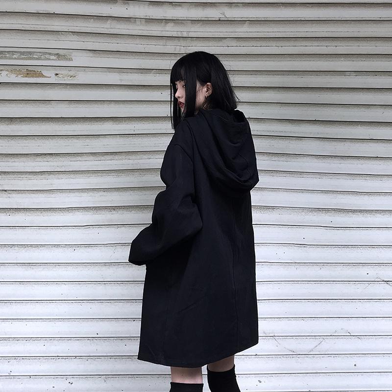 Black Simple Goth Aesthetic Loose Hooded Coat Jacket