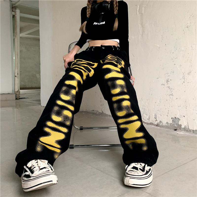 itGirl Shop - Aesthetic Clothing -Black Street Style Yellow Letters