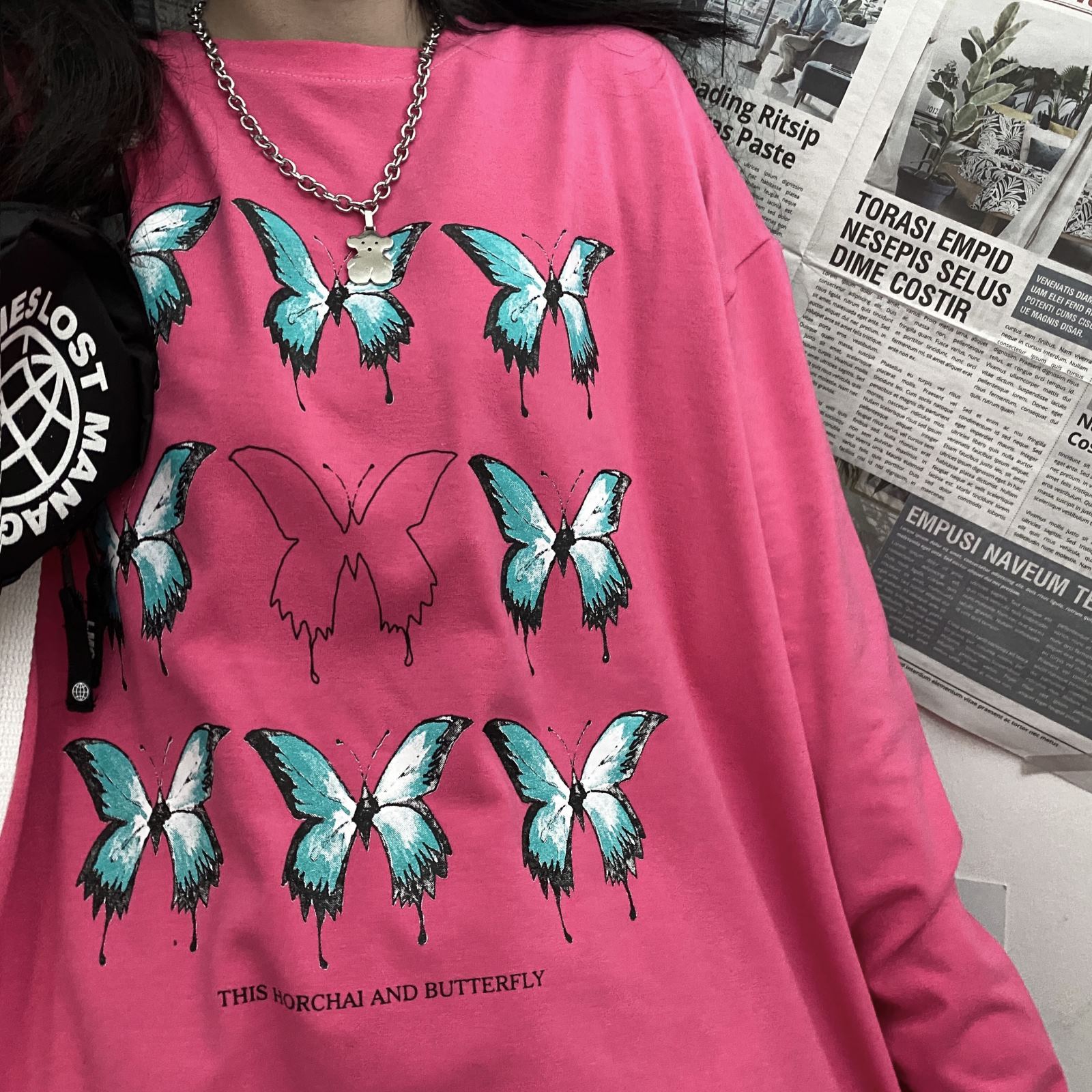 Blue Butterflies Printed Loose Longsleeve Shirt