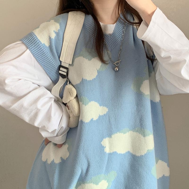itGirl Shop BLUE CLOUDS CUTE AESTHETIC LOOSE KNIT VEST SWEATER
