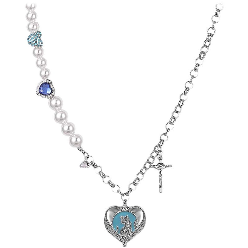itGirl Shop BLUE HEART PENDANT SILVER CHAIN PEARL BEADS NECKLACE