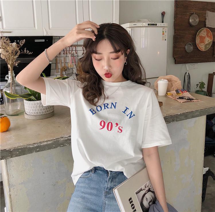 itGirl Shop BORN IN 90'S PRINT LETTERS COTTON SHORT SLEEVE T-SHIRT