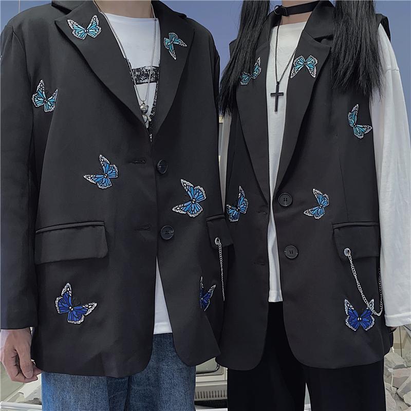 Butterfly Embroidery Casual Black Loose Vest And Jacket