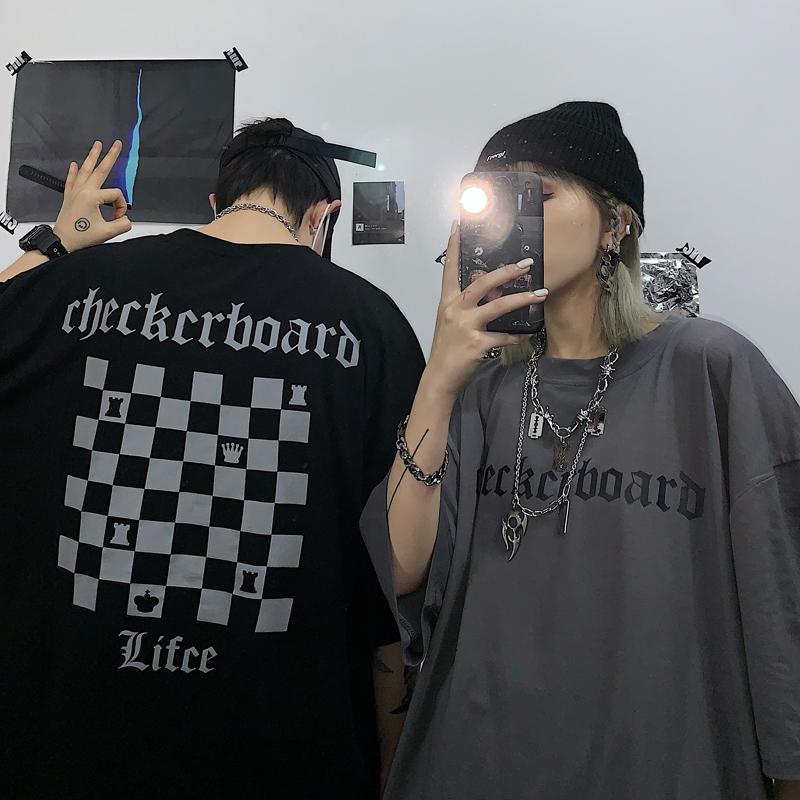 Checkerboard Print Grunge Oversized T-Shirt