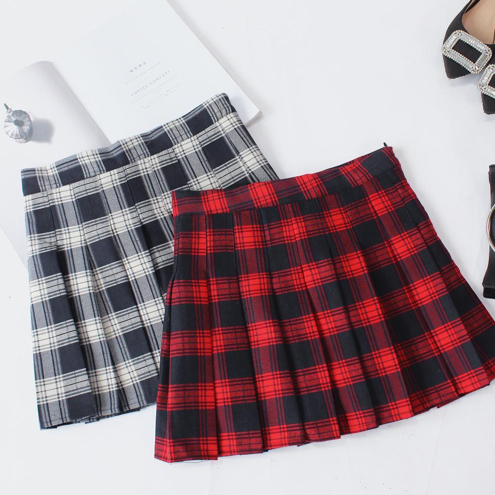 itGirl Shop CHECKERED SCHOOL RED WHITE PLAID PLEATED ABOVE KNEE SKIRT