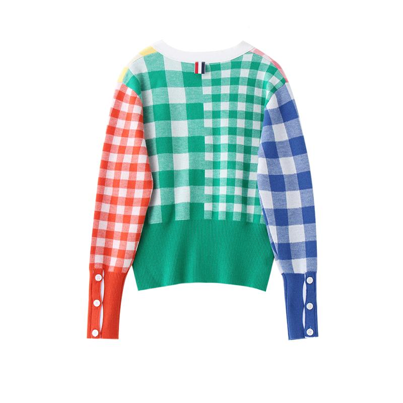 Colorful Checkered Rainbow V-Neck Knitted Cardigan