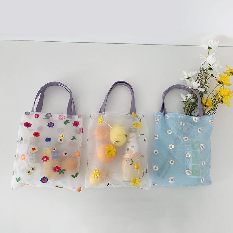Colorful Embroidered Flowers Transparent Mesh Tote Bag