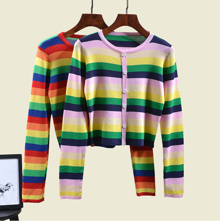 itGirl Shop COLORFUL RAINBOW STRIPED FAUX CARDIGAN CROPPED SHIRT