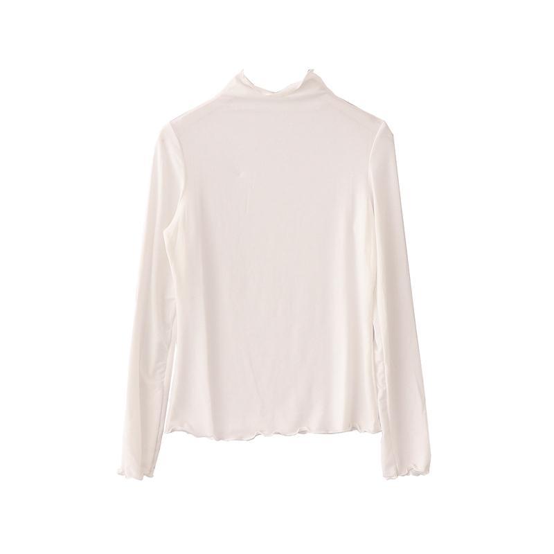 itGirl Shop CURLY EDGE HIGH NECK LONG SLEEVE SIMPLE COLORS COTTON SLIM BLOUSE