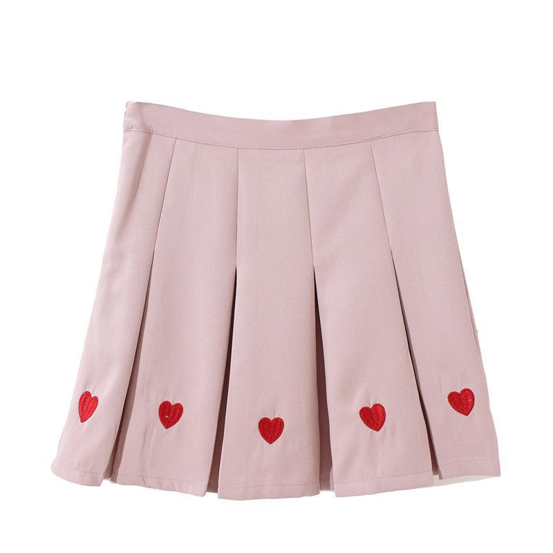 Cute Hearts Embroidery Pleated Black Pink Aesthetic Skirt