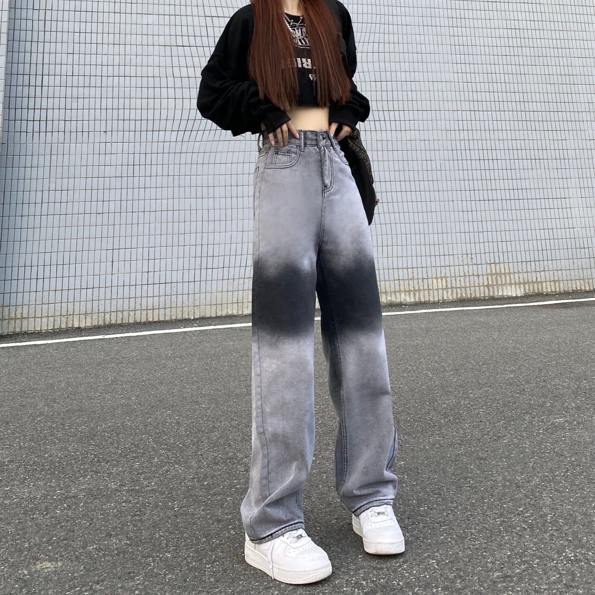 Aesthetic Clothing itGirl Shop Gray Retro Tie Dye Patches High Waist Loose Jeans