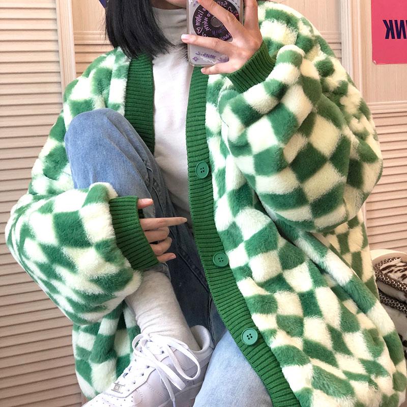 itGirl Shop - Aesthetic Clothing -Green Checkered Plaid Soft Fuzzy