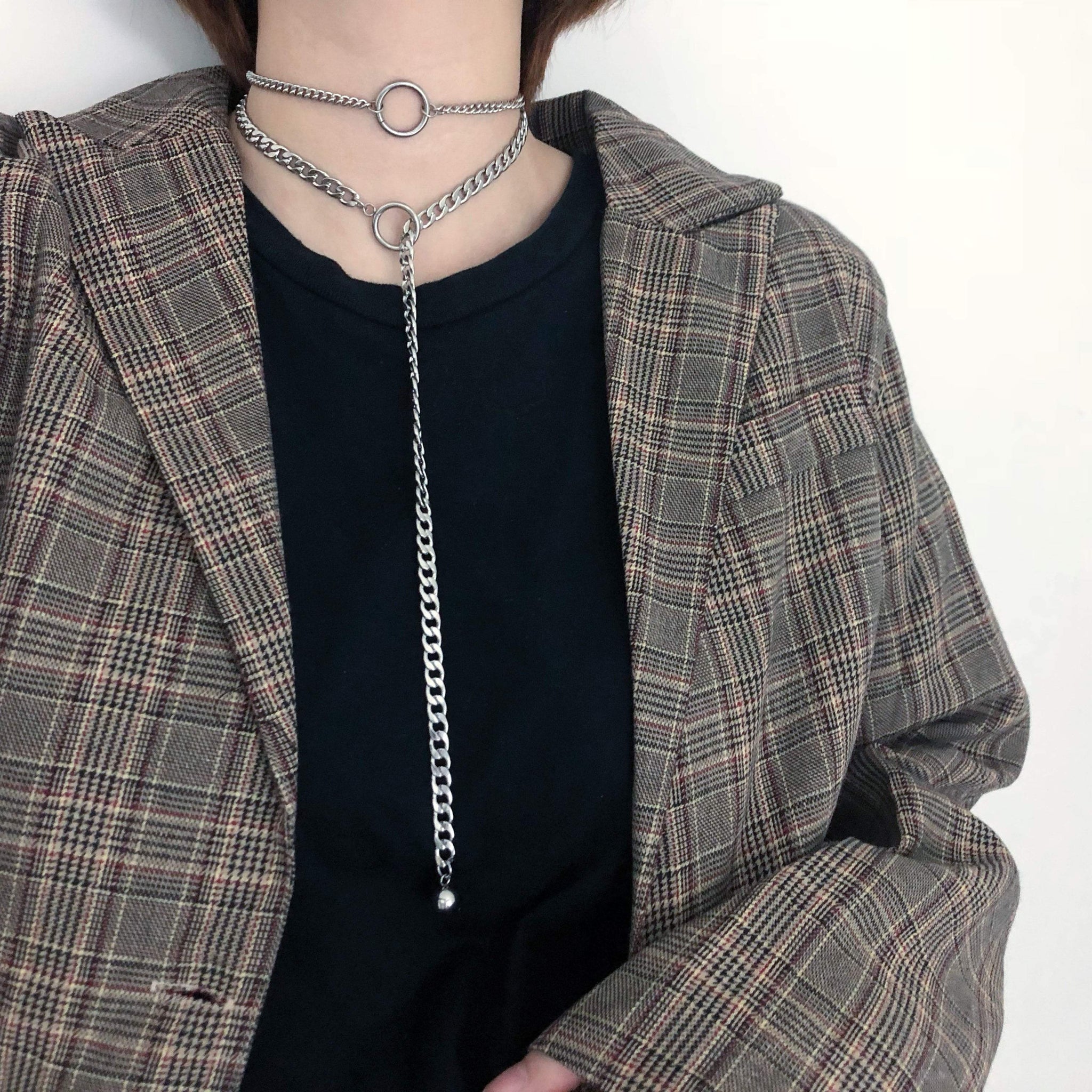 itGirl Shop GRUNGE DOUBLE LAYER RING METALLIC CHAINS LONG NECKLACE