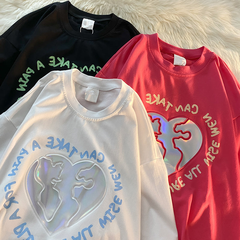 Aesthetic Clothing itGirl Shop Holographic Aesthetic Heart Letter Print Loose T-shirt