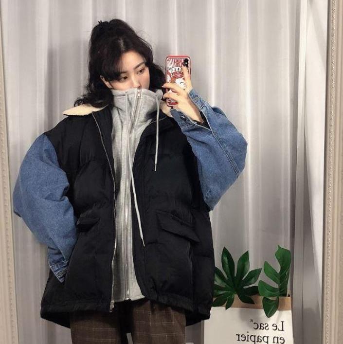 itGirl Shop PUFF PADDED DENIM SLEEVES THICK WINTER JACKET