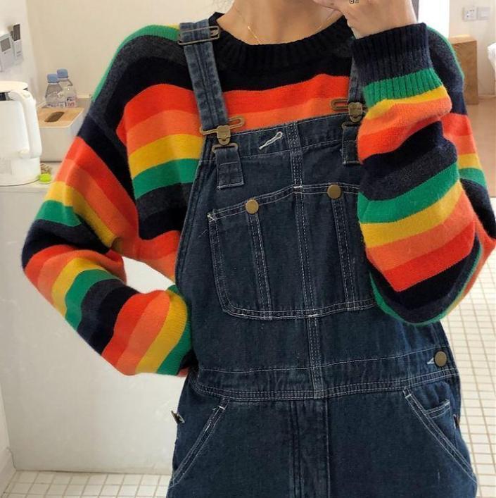 itGirl Shop RAINBOW STRIPED ROUND NECK KNITTED SWEATER