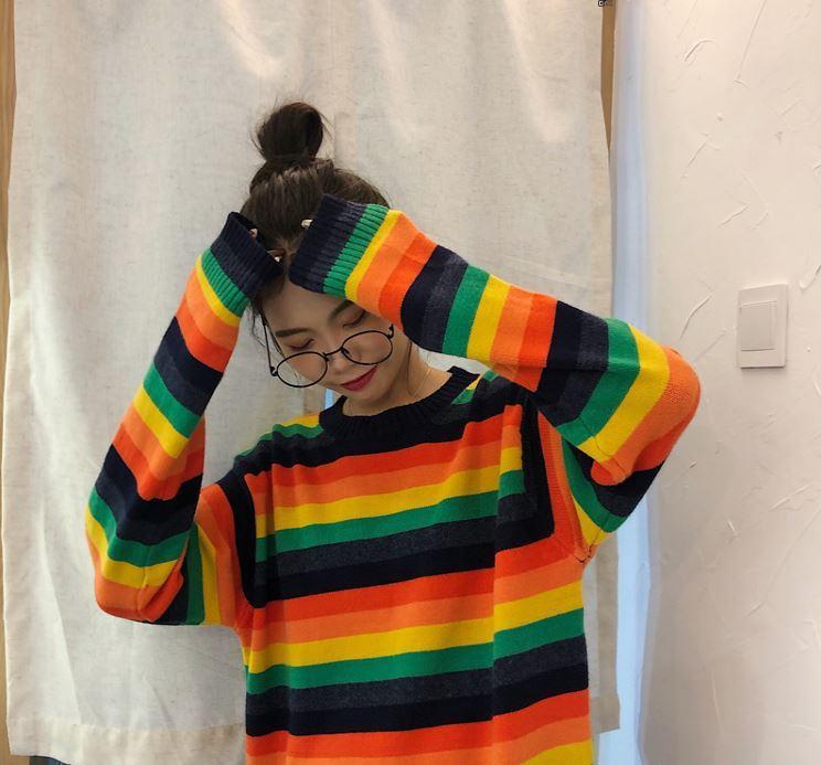 itGirl Shop RAINBOW STRIPED ROUND NECK KNITTED SWEATER