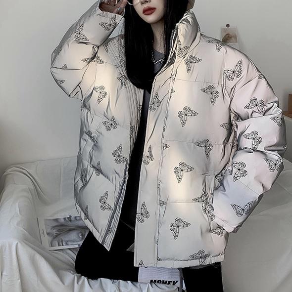 itGirl Shop REFLECTIVE HOLOGRAPHIC BUTTERFLY PATTERN LOOSE JACKET