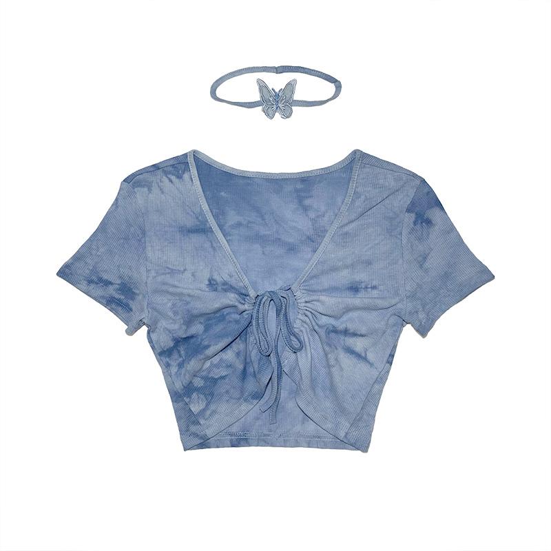 Retro Blue Tie Dye Cropped Bra Top + Butterfly Choker