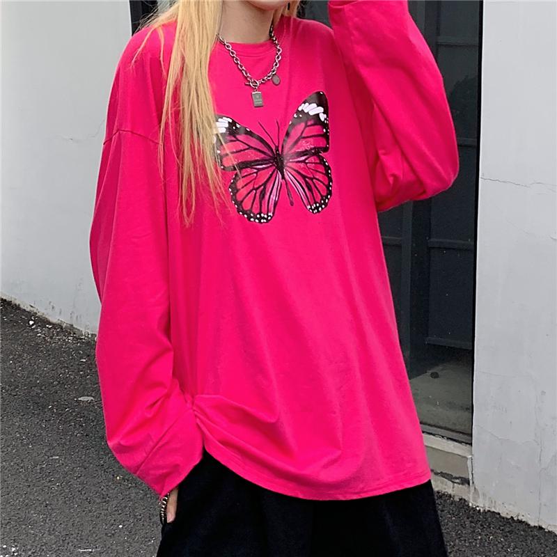 Retro Butterfly Print Bright Pink Loose 90S Shirt
